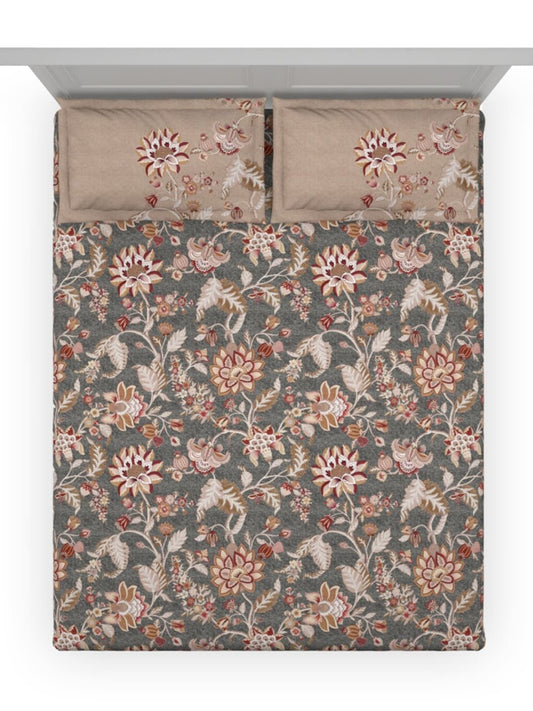 DDecor Grey & Maroon Ethnic Motifs 140 TC Cotton Queen Bedsheet with 2 Pillow Covers - Swadesiicart