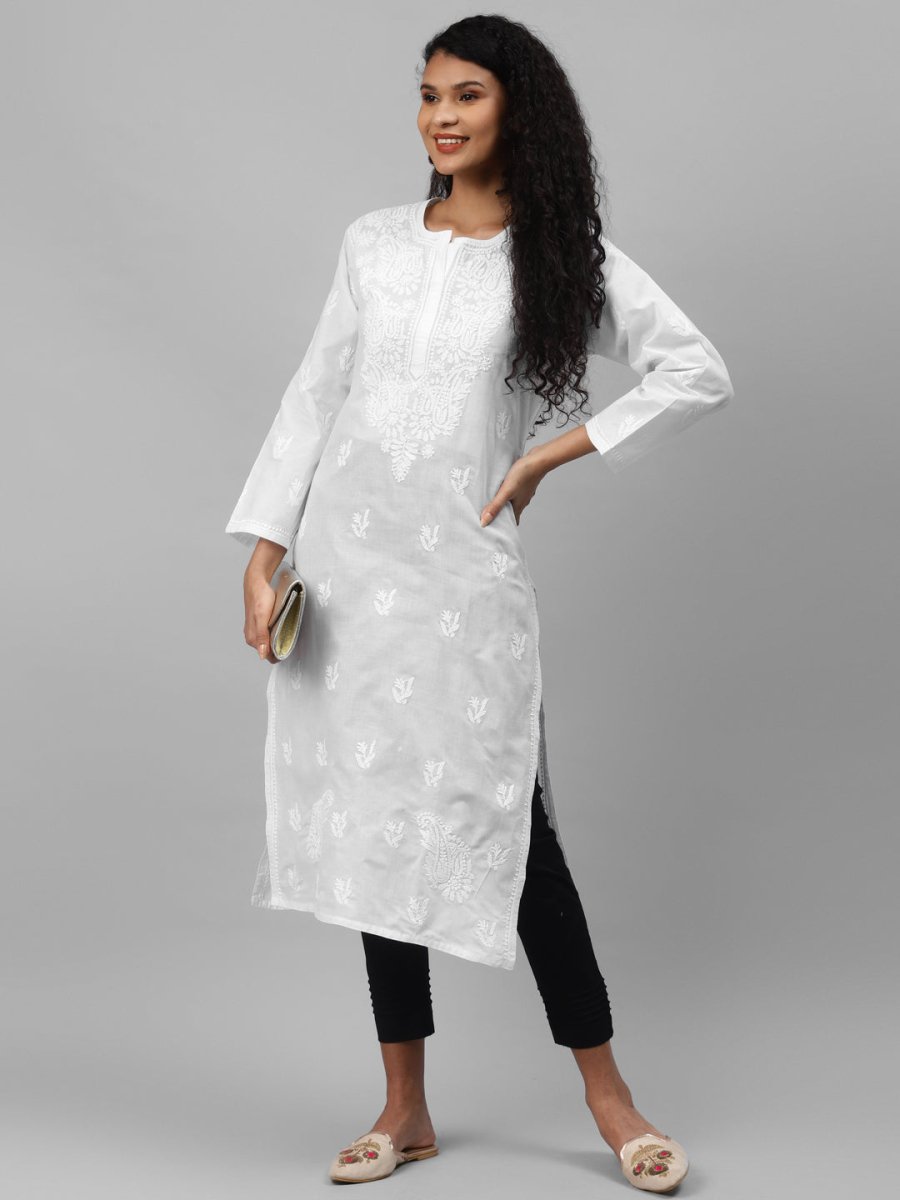 ADA Women White & Black Paisley Embroidered Chikankari Handloom Kurta with Trousers | Swadesiicart