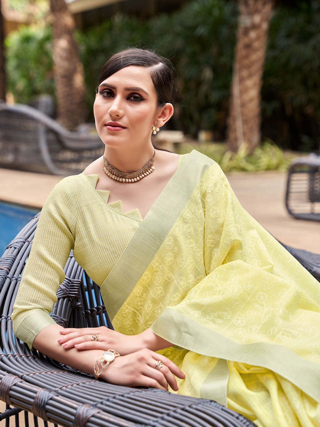 Mitera Yellow & White Floral Embroidered Zari Pure Linen Banarasi Saree | Swadesiicart