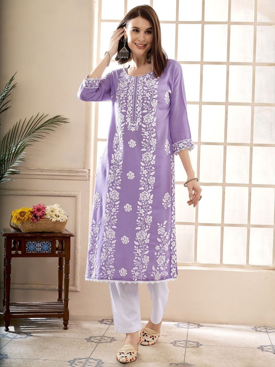 Anouk Floral Embroidered Round Neck Chikankari Straight Kurta | Swadesiicart