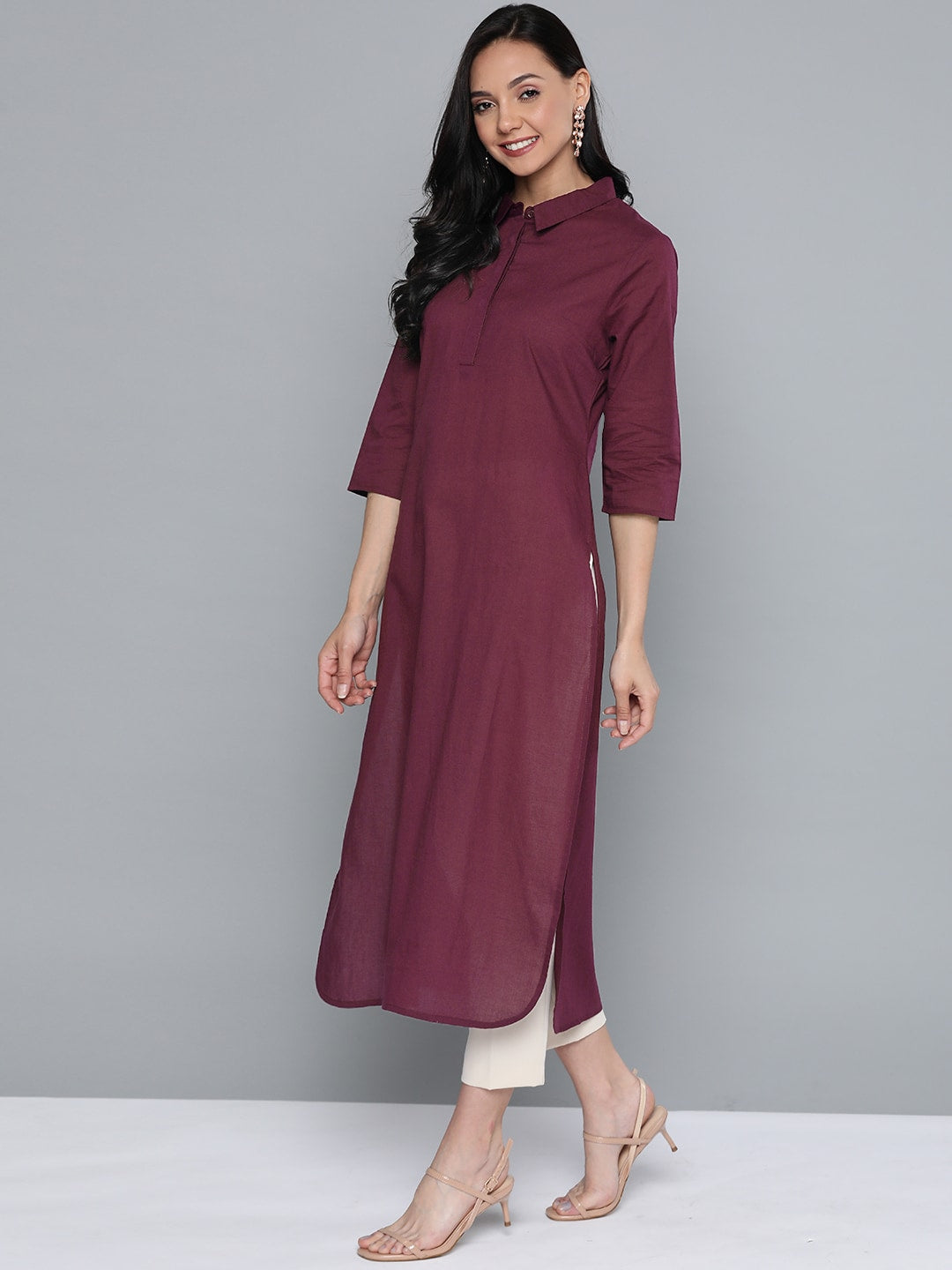 HERE&NOW Women Burgundy Cotton Solid Pathani Kurta - Swadesiicart
