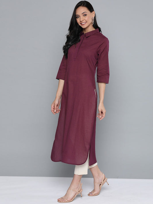HERE&NOW Women Burgundy Cotton Solid Pathani Kurta - Swadesiicart