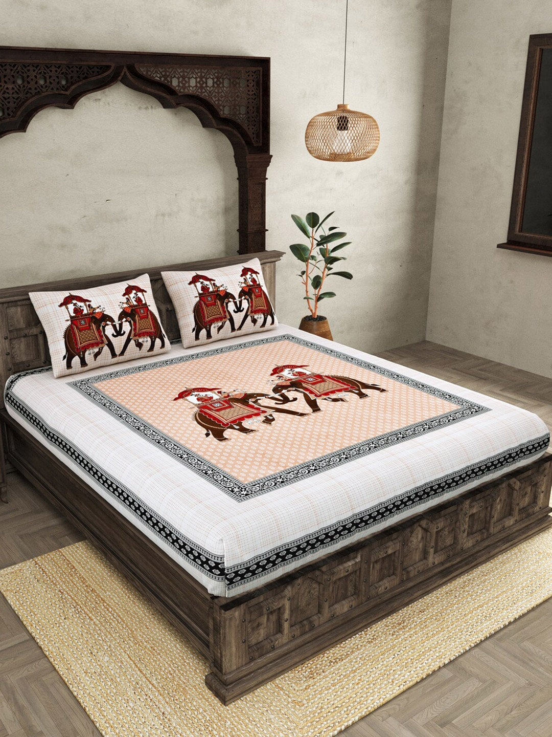 JAIPUR FABRIC Peach Ethnic Motifs Cotton 250 TC Super King Bedsheet With 2 Pillow Covers | Swadesiicart