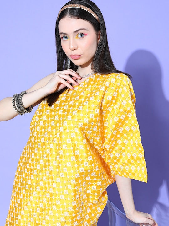 InWeave Women's Light Yellow Mirror Work Oneshoulder Kurta Set - Swadesiicart