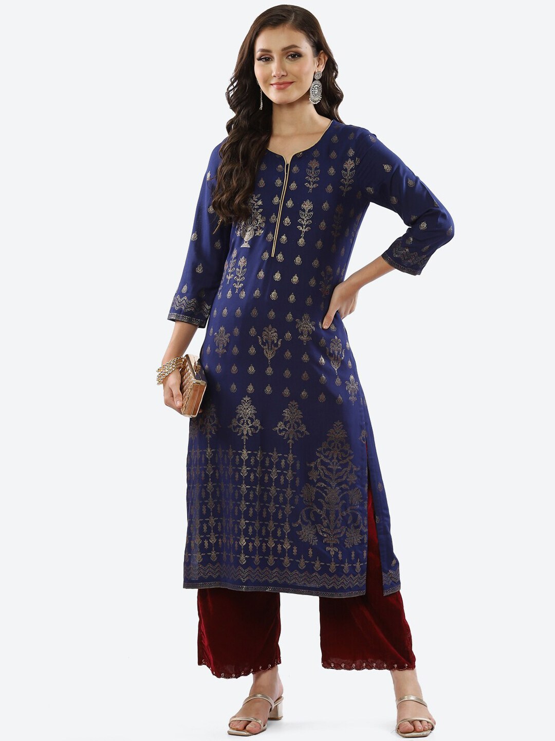 Biba Women Blue Ethnic Motifs Printed Rayon Kurta - Swadesiicart