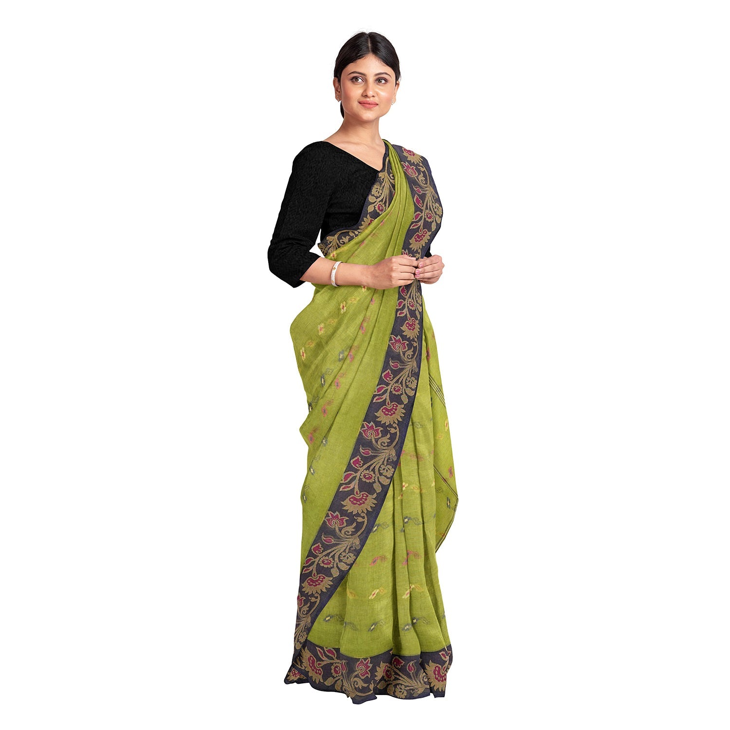 Exclusive Collection 100% Pure Cotton Light Green Tant Saree With Hand Weaving Work - Swadesiicart