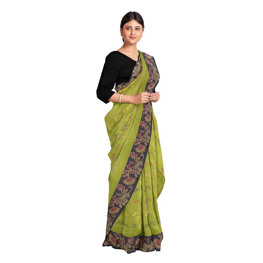 Exclusive Collection 100% Pure Cotton Light Green Tant Saree With Hand Weaving Work - Swadesiicart