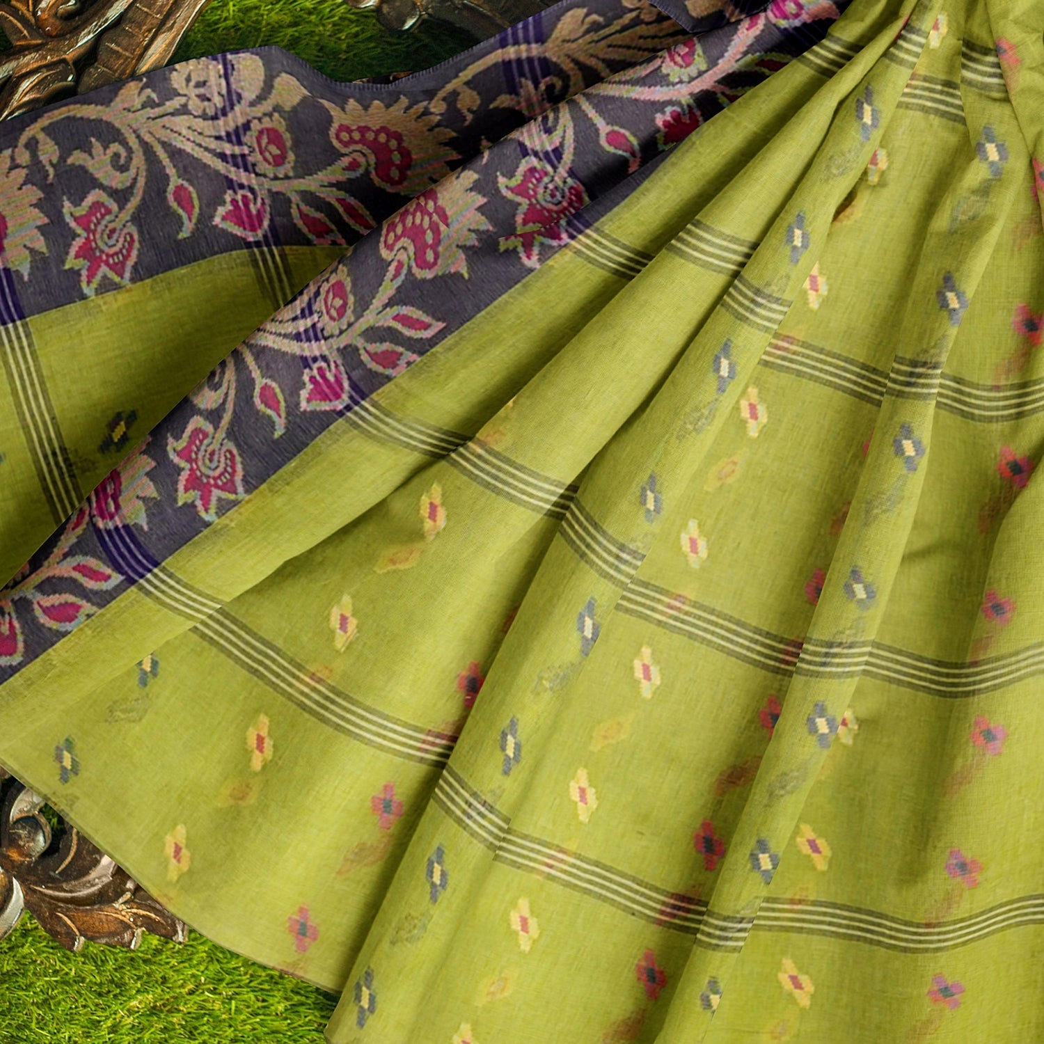Exclusive Collection 100% Pure Cotton Light Green Tant Saree With Hand Weaving Work - Swadesiicart