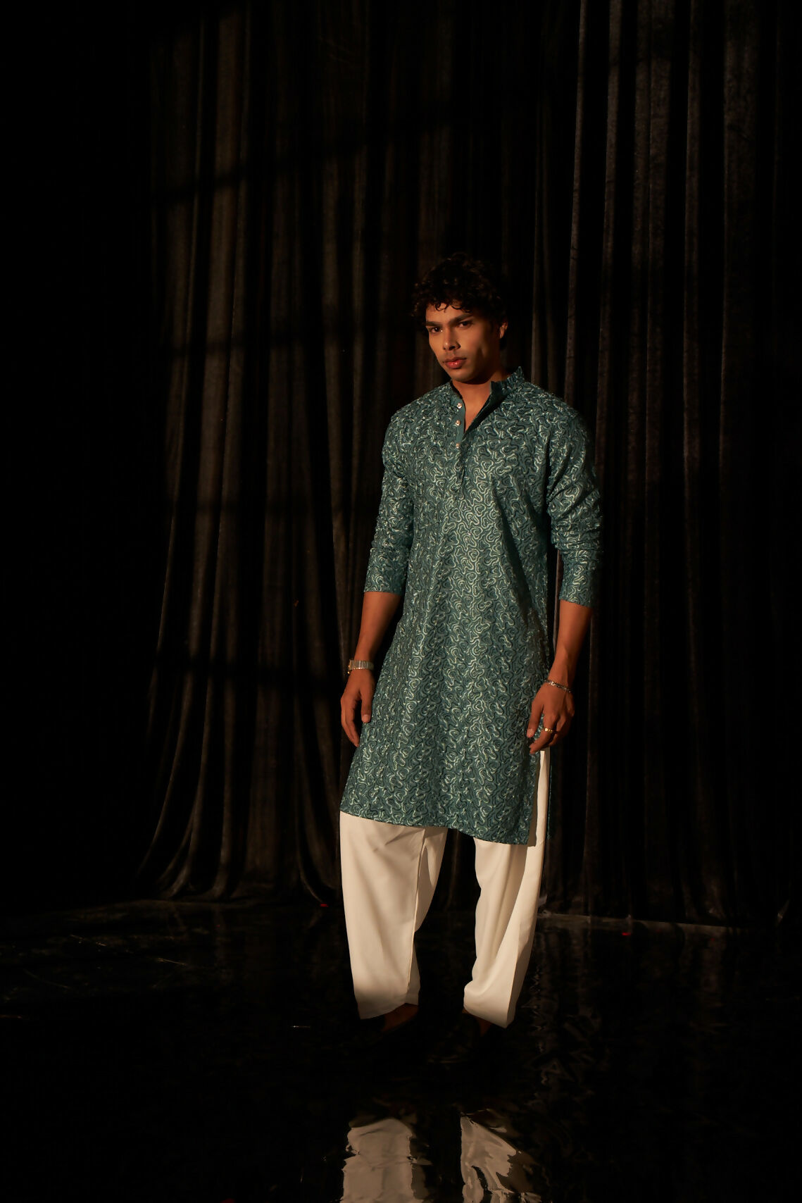 Cyan Blue Viscose Chikankari Embroidery Work Men's Kurta Set - Mahotsav | Swadesiicart