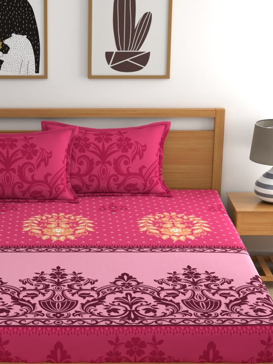 Dreamscape Pink & Cream-Coloured 140 TC Pure Cotton King Bedsheet with 2 Pillow Covers - Swadesiicart