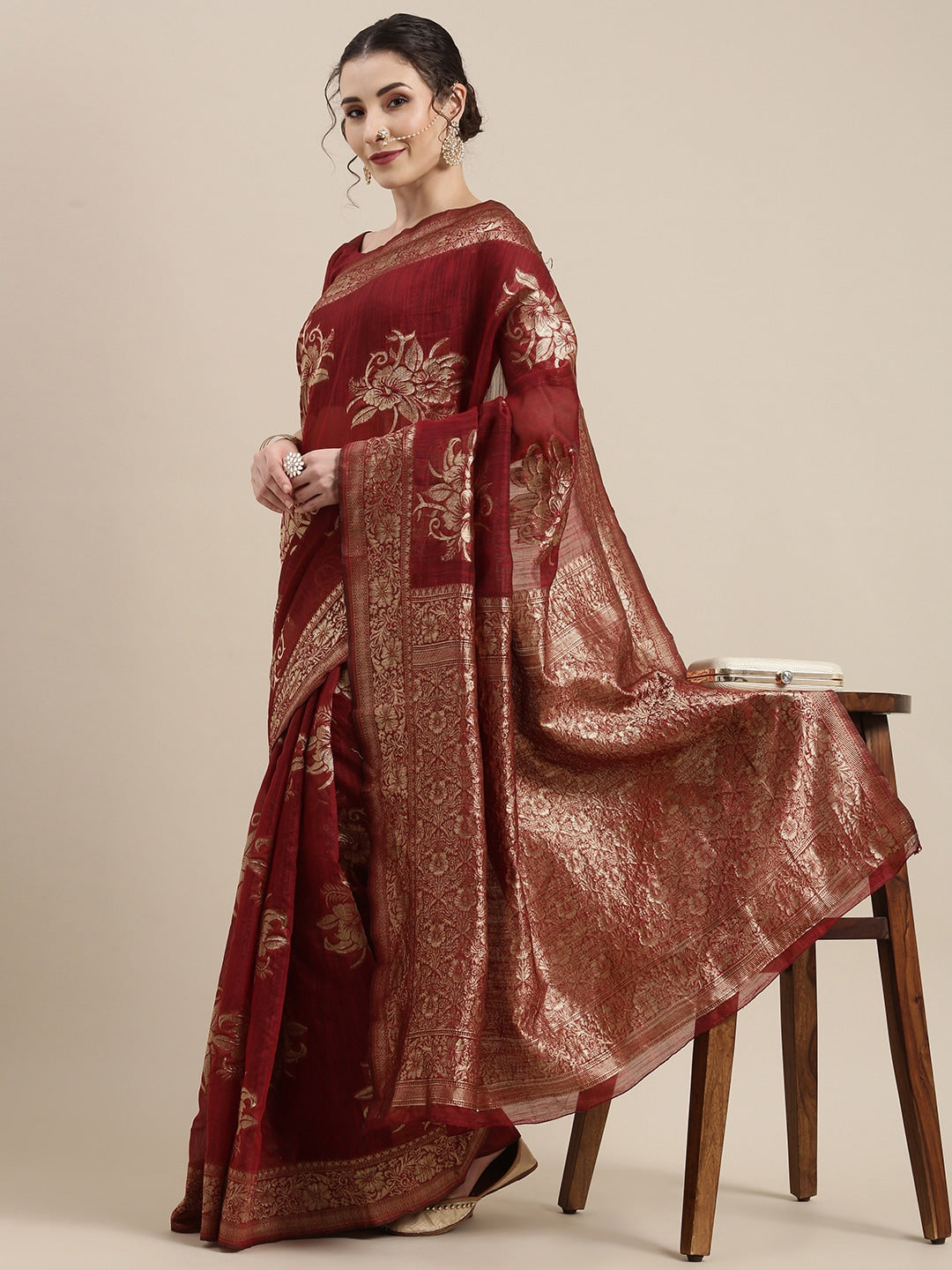 Saree Mall Maroon Floral Linen Blend Banarasi Saree | Swadesiicart