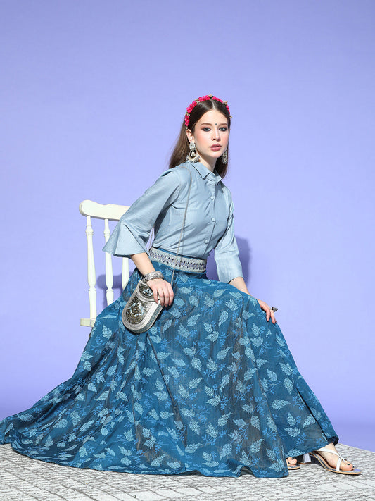 InWeave Blue & Grey Chanderi Skirt Fusion Set - Swadesiicart