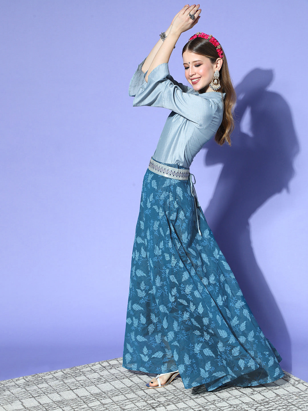 InWeave Blue & Grey Chanderi Skirt Fusion Set - Swadesiicart