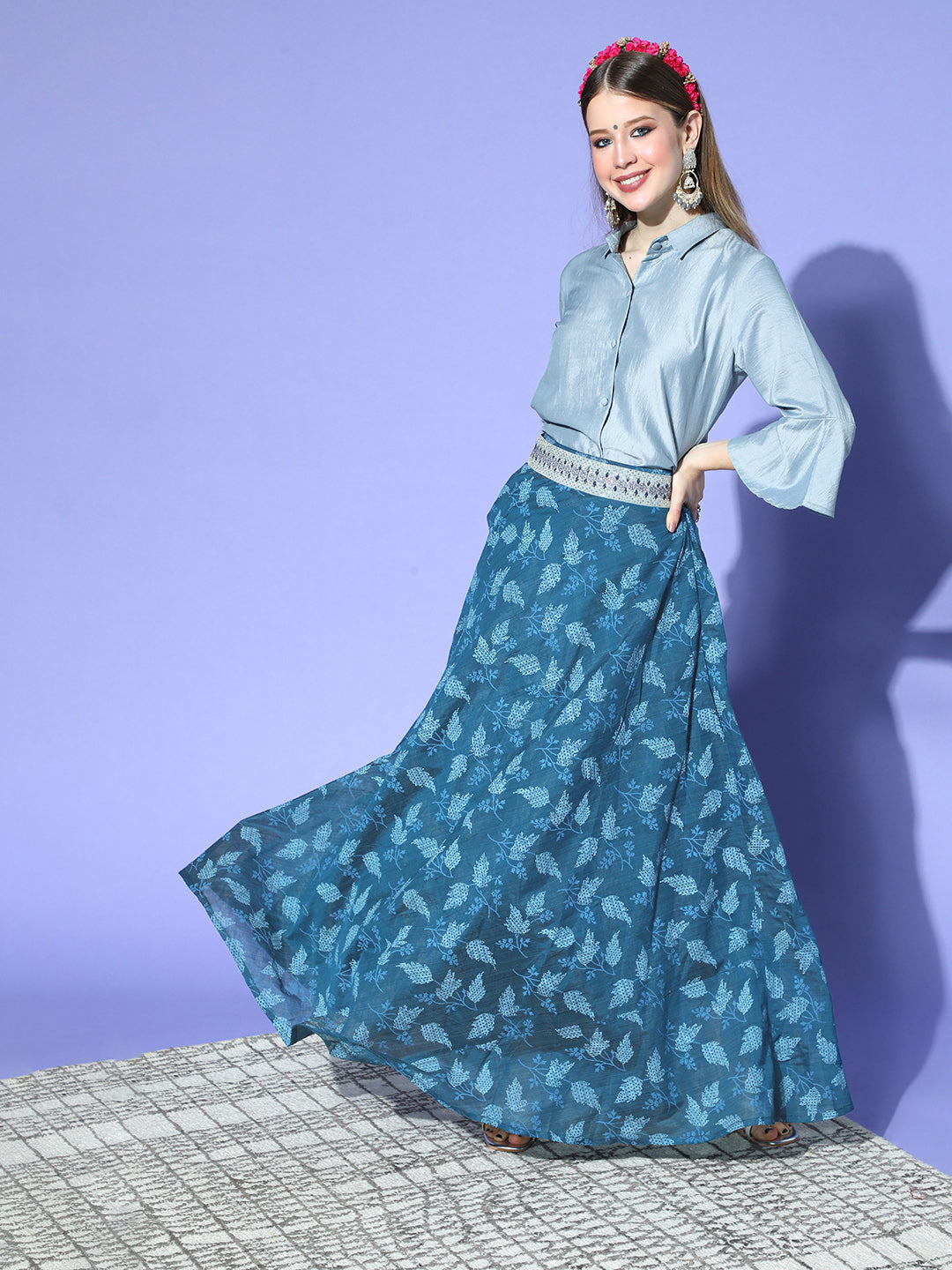 InWeave Blue & Grey Chanderi Skirt Fusion Set - Swadesiicart