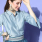 InWeave Blue & Grey Chanderi Skirt Fusion Set - Swadesiicart