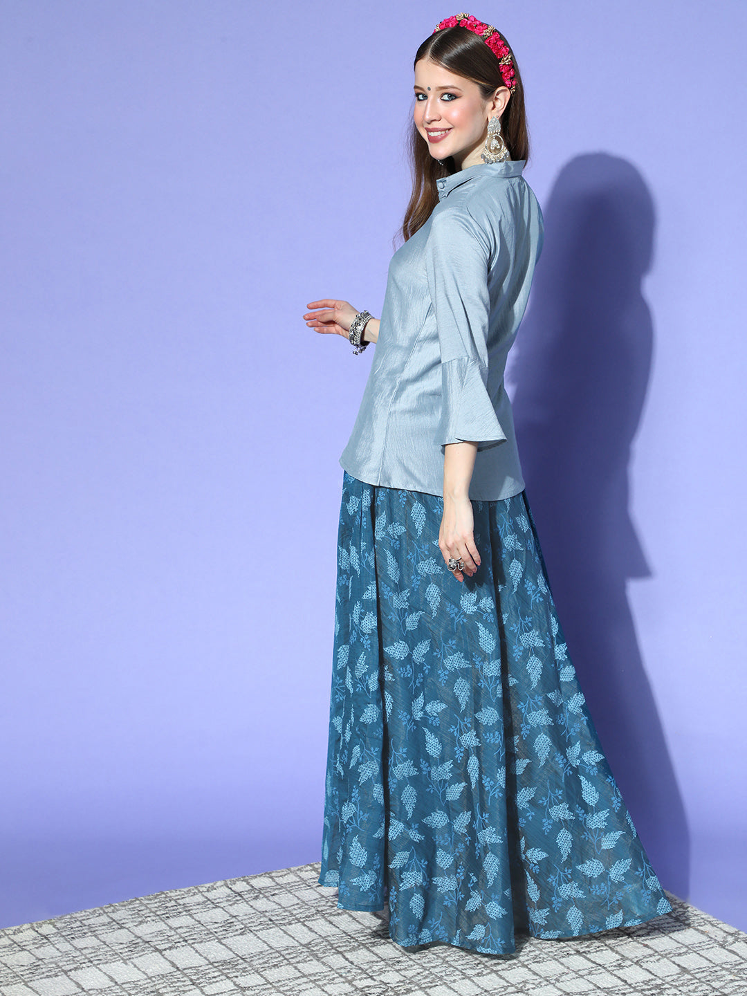 InWeave Blue & Grey Chanderi Skirt Fusion Set - Swadesiicart
