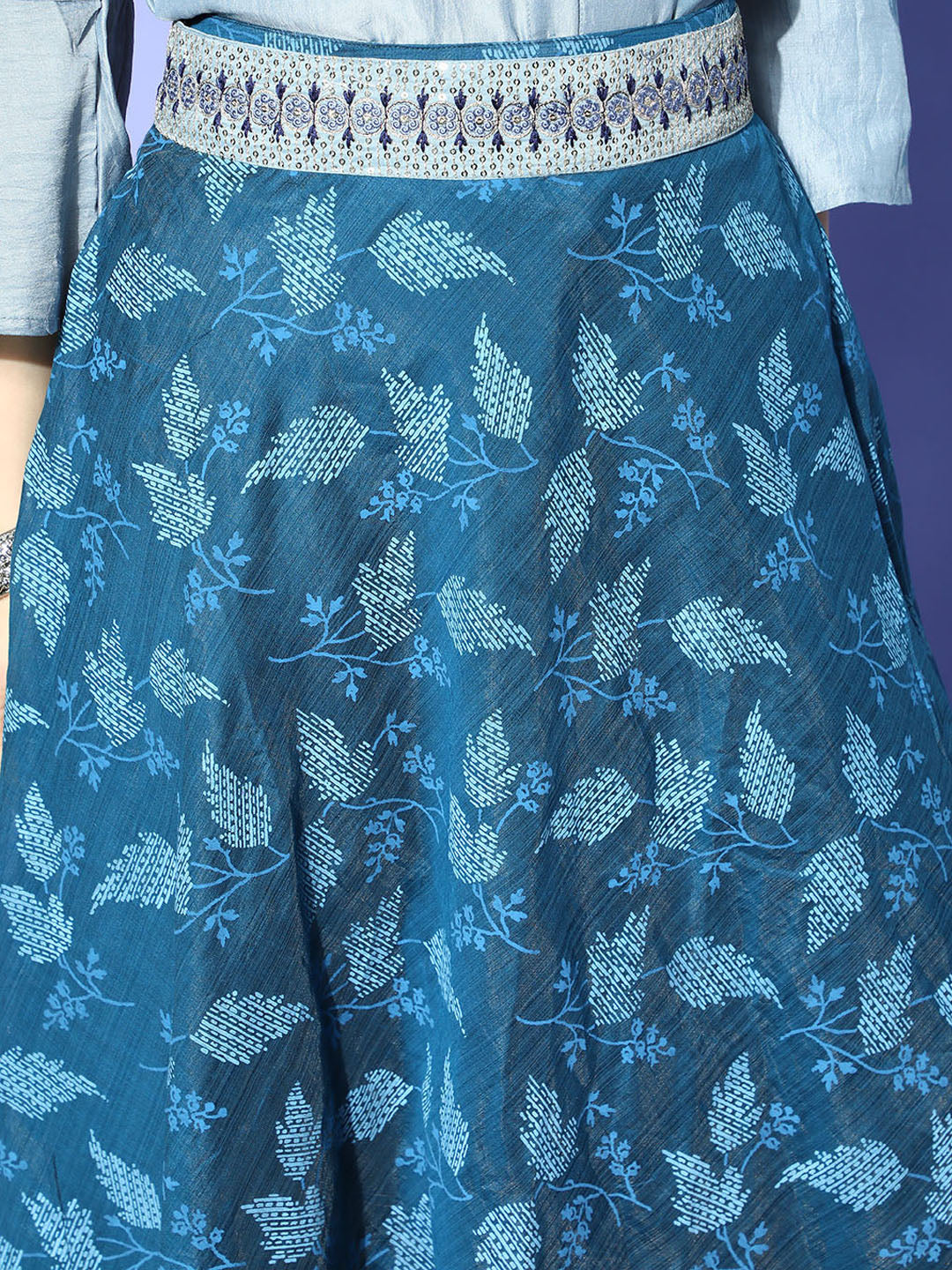 InWeave Blue & Grey Chanderi Skirt Fusion Set - Swadesiicart