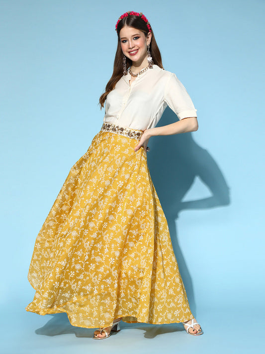 InWeave Yellow & White Chanderi Skirt Fusion Set - Swadesiicart