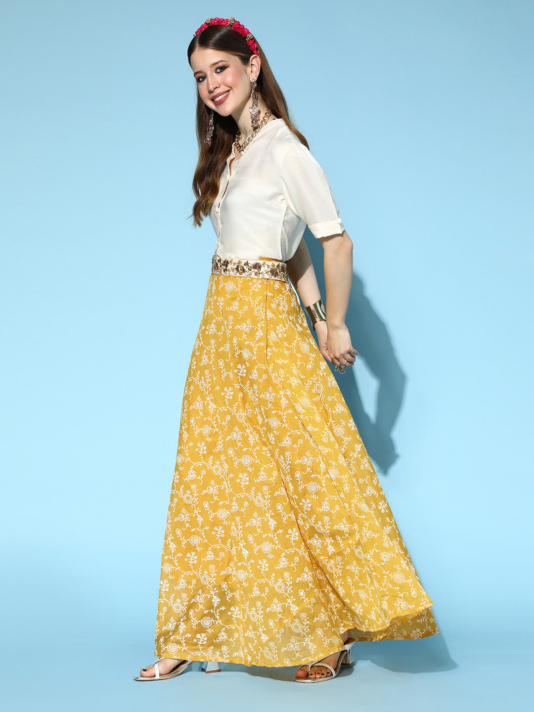 InWeave Yellow & White Chanderi Skirt Fusion Set - Swadesiicart