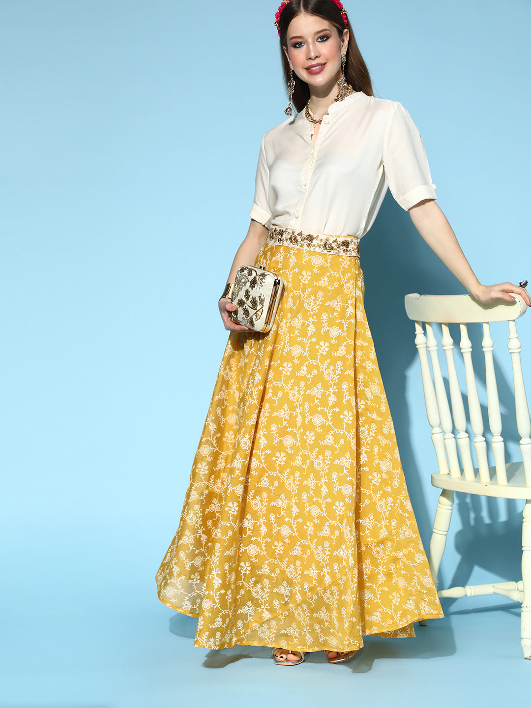 InWeave Yellow & White Chanderi Skirt Fusion Set - Swadesiicart