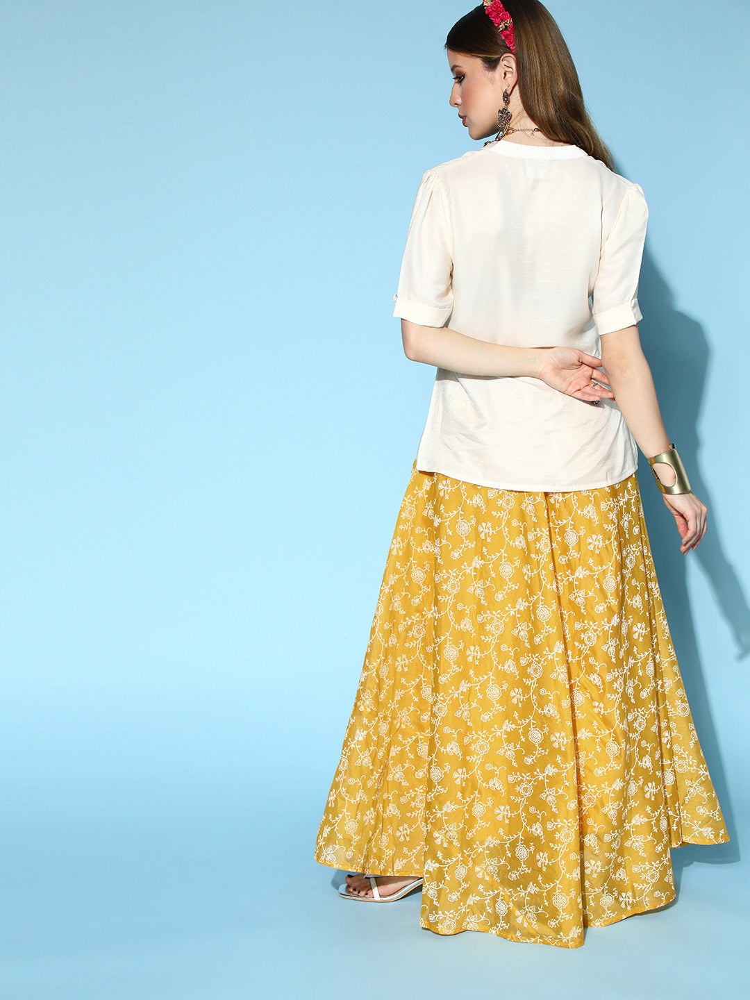 InWeave Yellow & White Chanderi Skirt Fusion Set - Swadesiicart