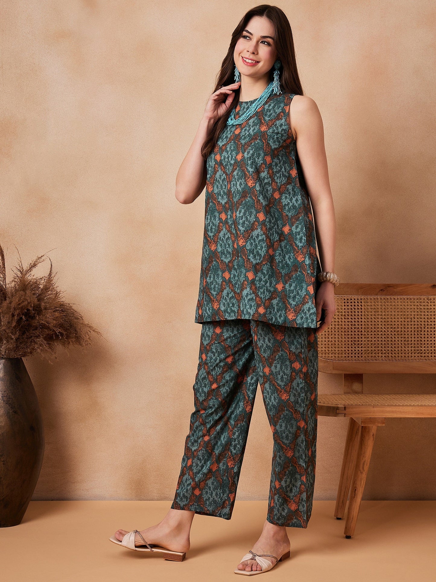 InWeave Aqua Pearl Abstract Printed Co Ords Set - Swadesiicart