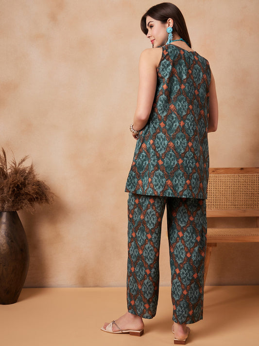 InWeave Aqua Pearl Abstract Printed Co Ords Set - Swadesiicart