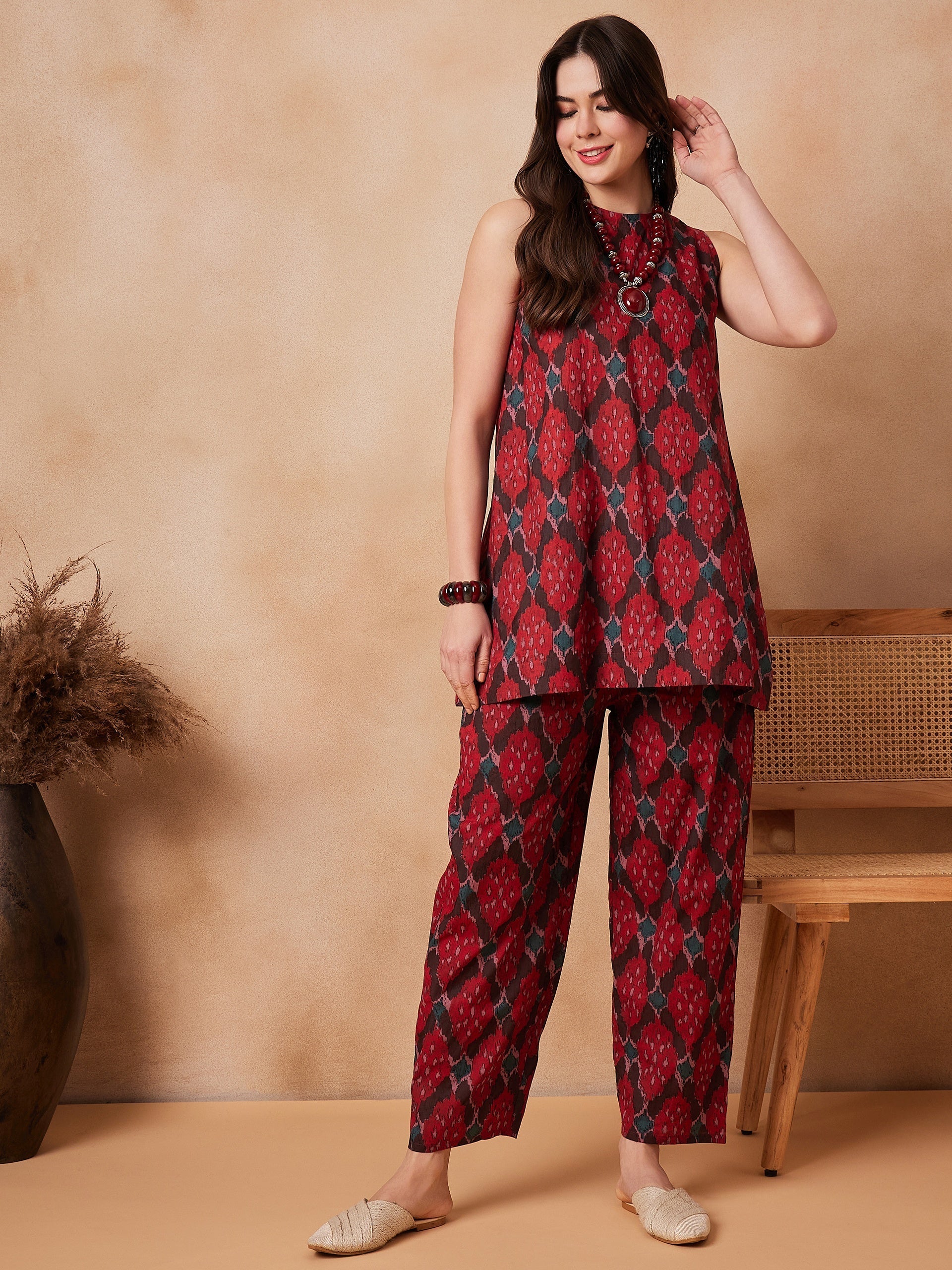 InWeave Red Abstract Printed Co Ords Set - Swadesiicart