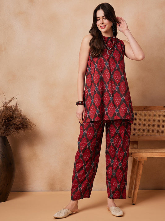 InWeave Red Abstract Printed Co Ords Set - Swadesiicart