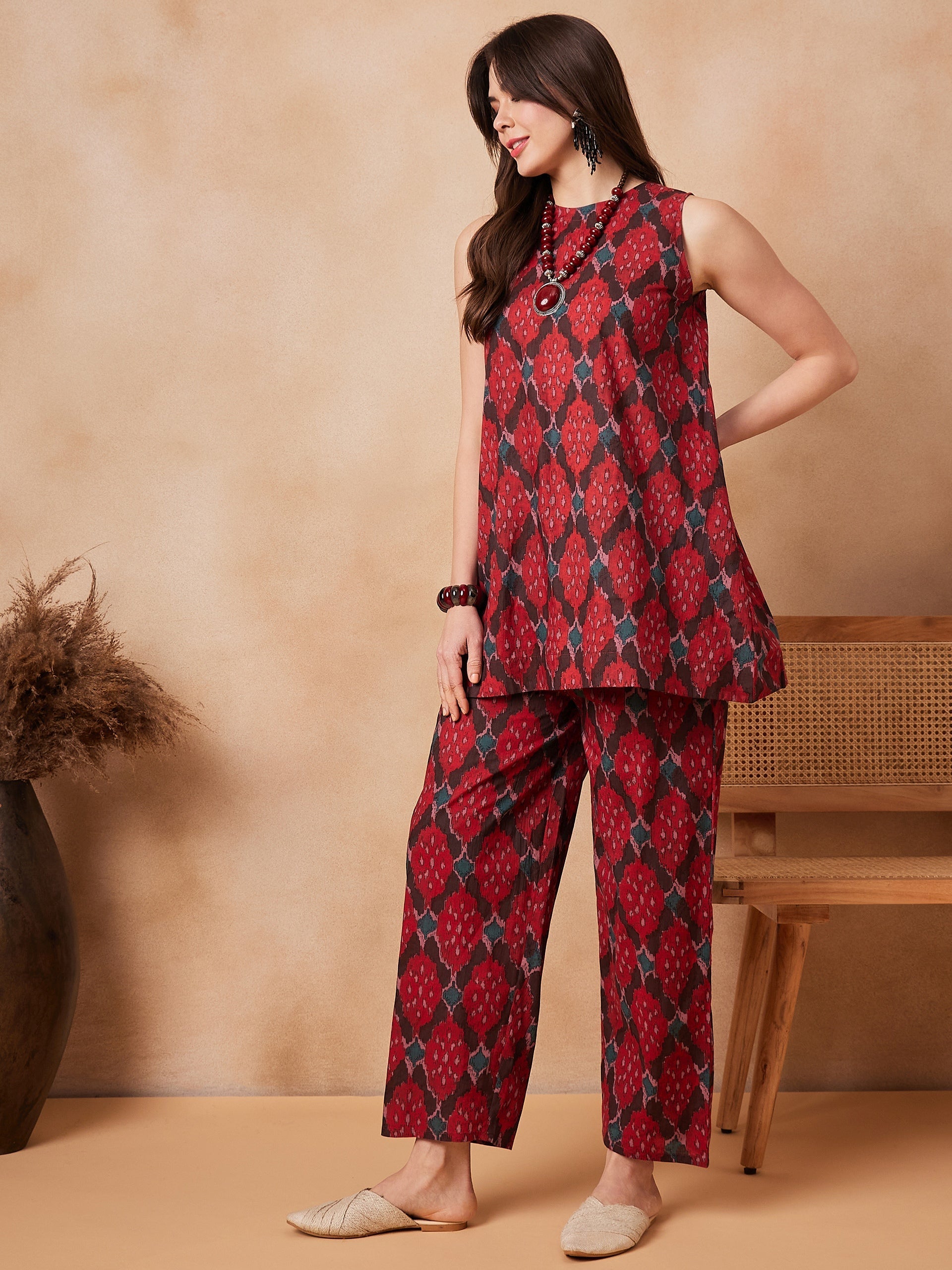 InWeave Red Abstract Printed Co Ords Set - Swadesiicart