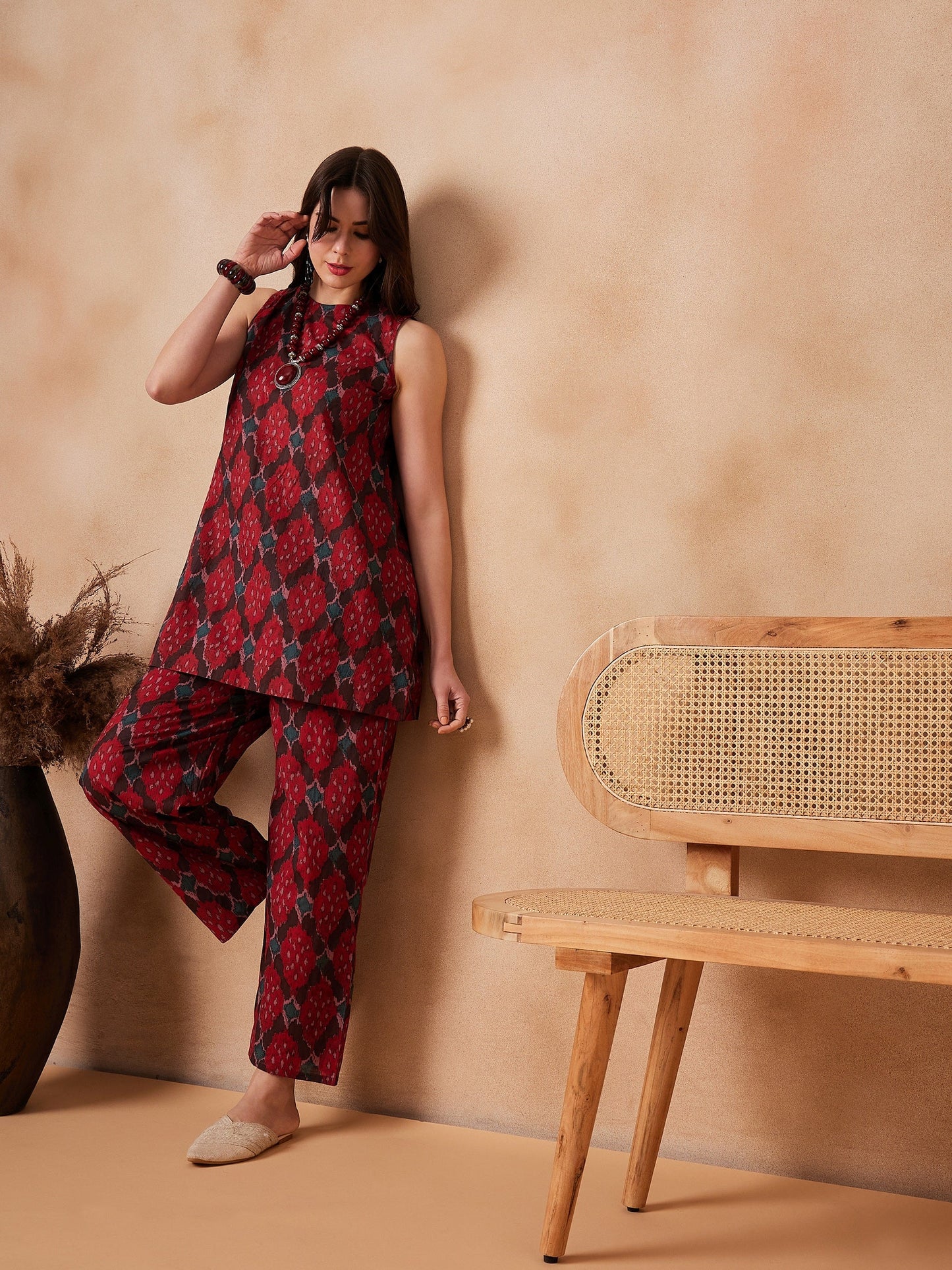 InWeave Red Abstract Printed Co Ords Set - Swadesiicart