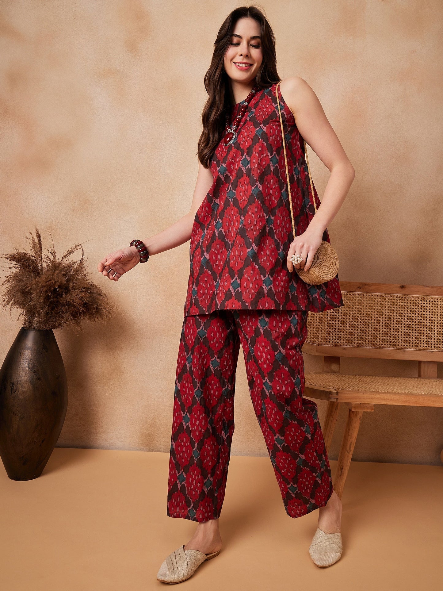 InWeave Red Abstract Printed Co Ords Set - Swadesiicart