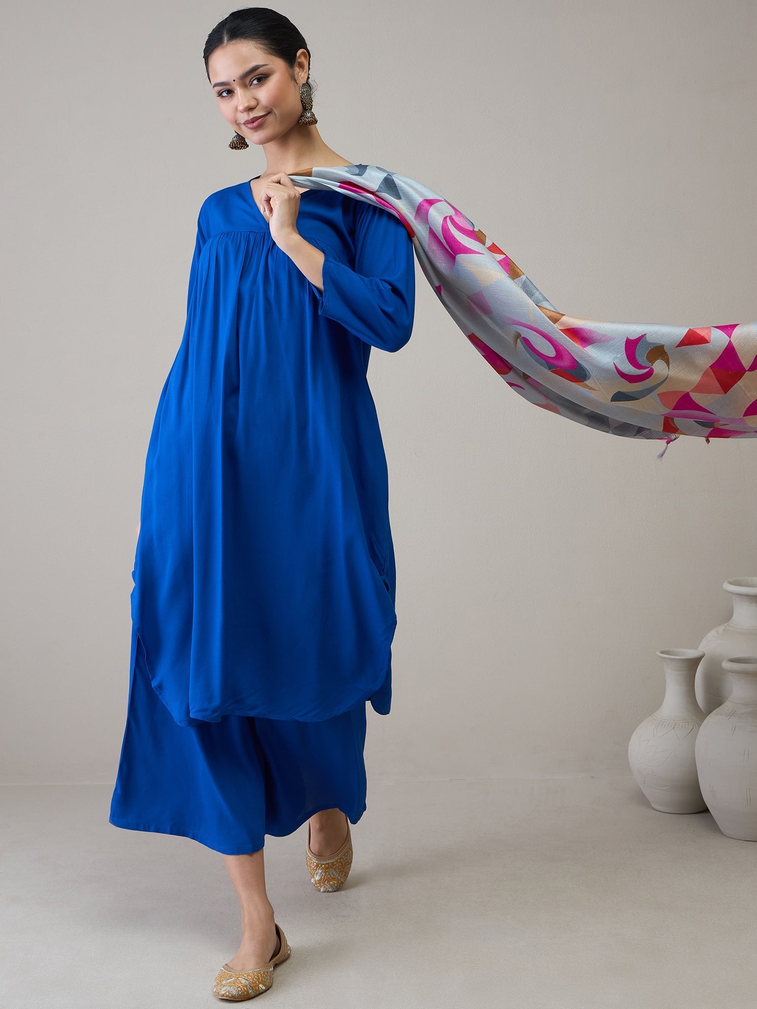 InWeave Ink Blue V Neck Flared Kurta Grey Dupatta Set - Swadesiicart