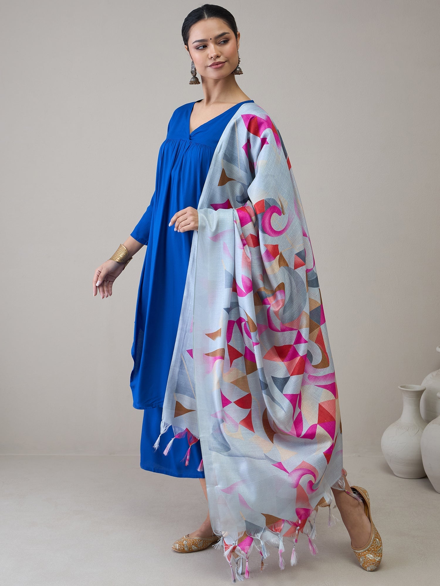 InWeave Ink Blue V Neck Flared Kurta Grey Dupatta Set - Swadesiicart