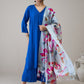 InWeave Ink Blue V Neck Flared Kurta Grey Dupatta Set - Swadesiicart