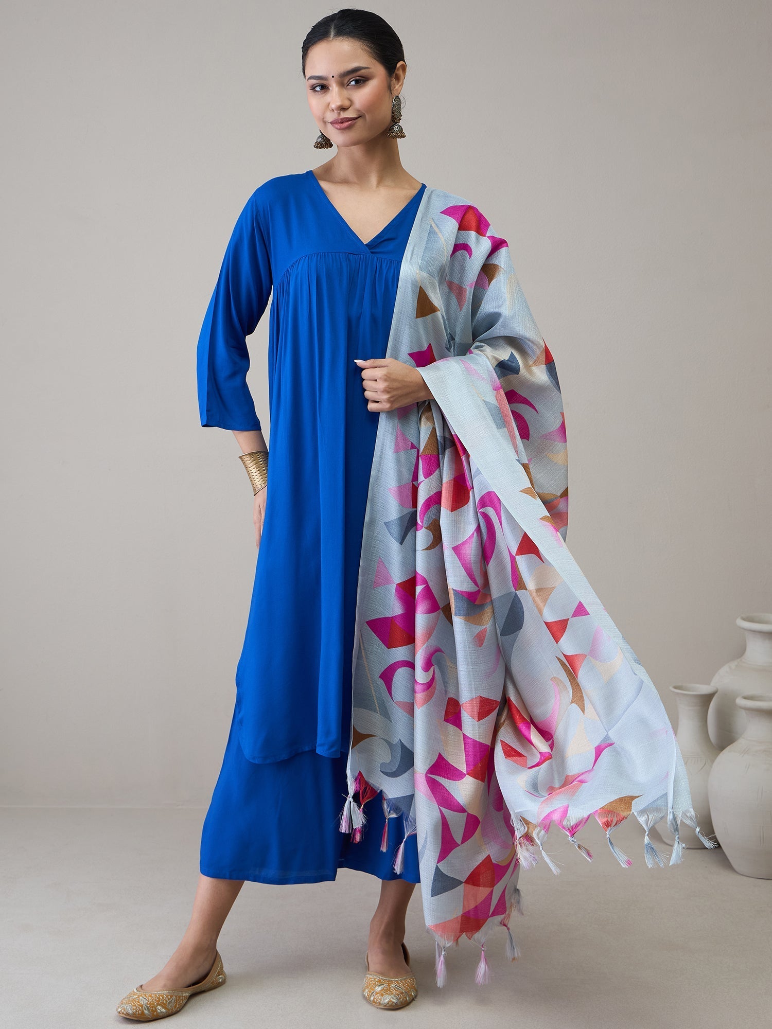 InWeave Ink Blue V Neck Flared Kurta Grey Dupatta Set - Swadesiicart