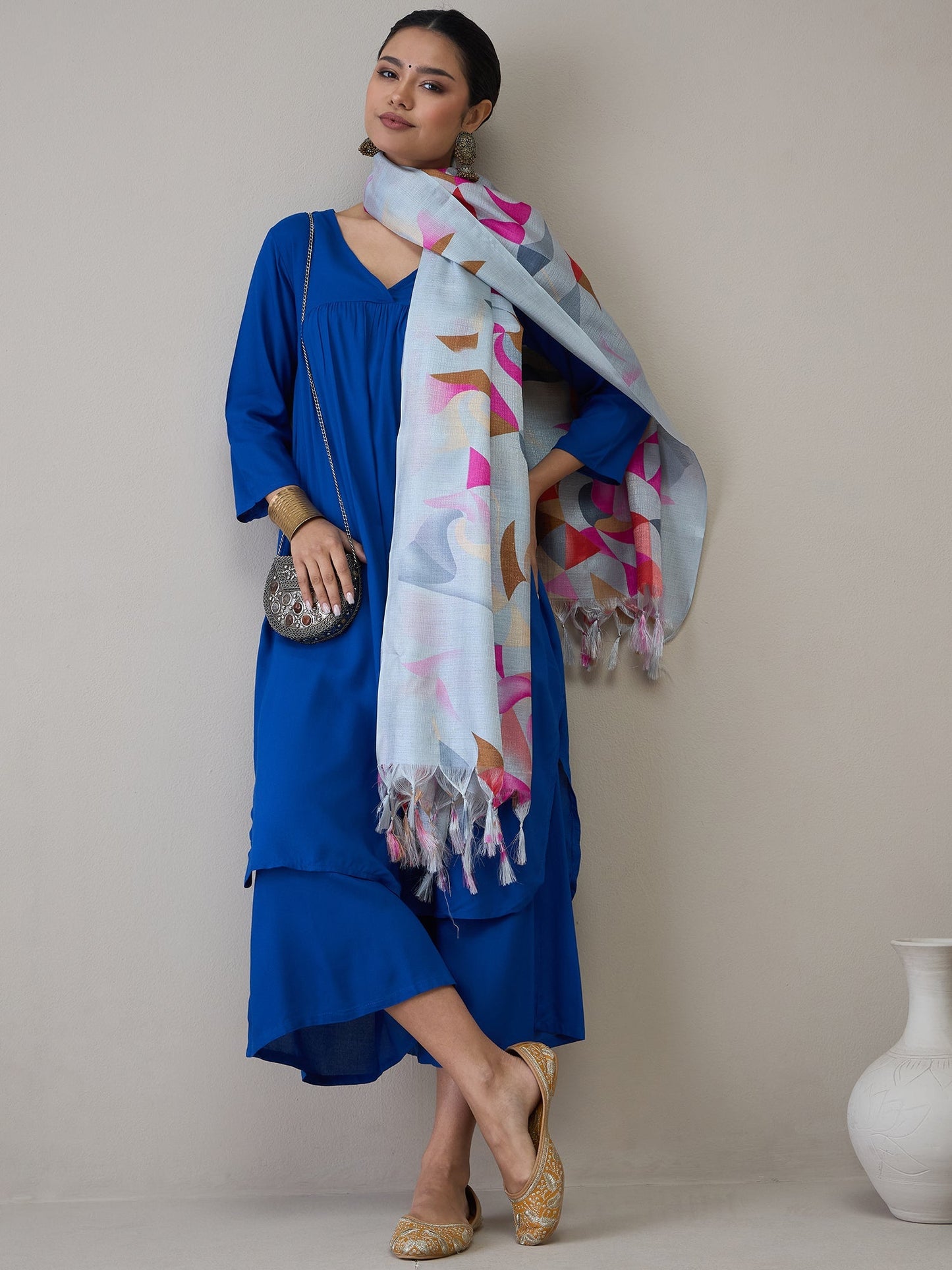 InWeave Ink Blue V Neck Flared Kurta Grey Dupatta Set - Swadesiicart