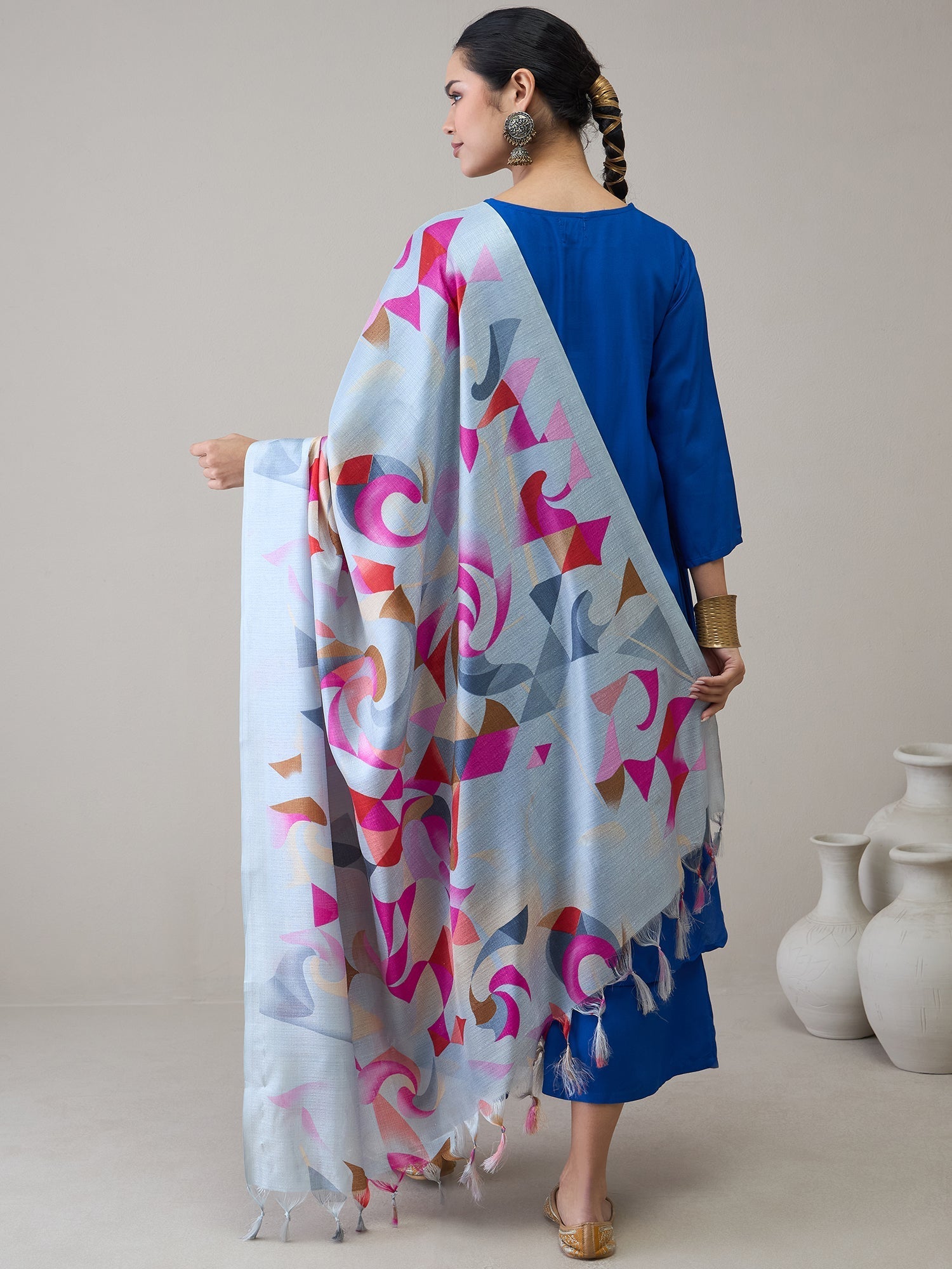 InWeave Ink Blue V Neck Flared Kurta Grey Dupatta Set - Swadesiicart