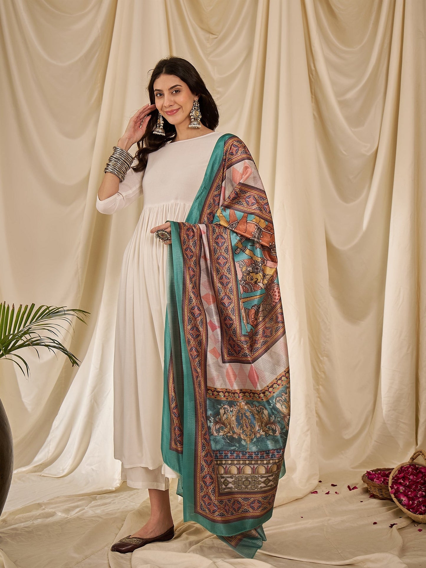 InWeave White Long Anarkali Rama Green Dupatta Set - Swadesiicart