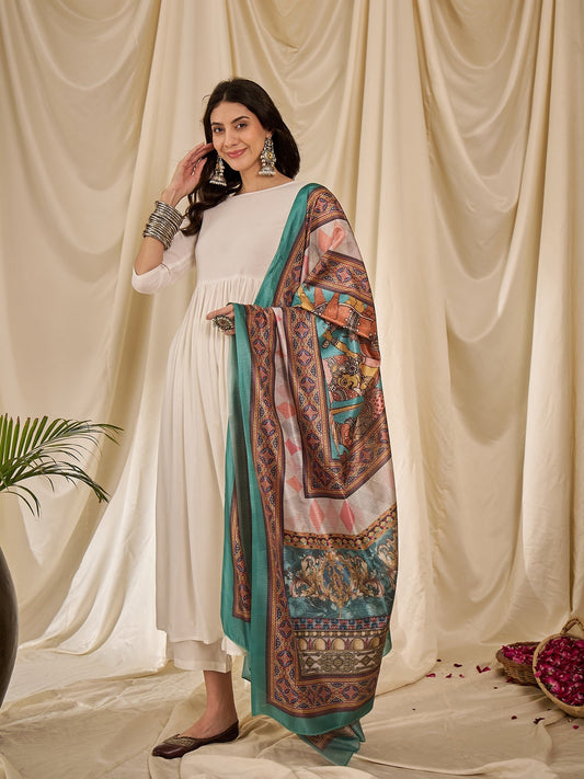 InWeave White Long Anarkali Rama Green Dupatta Set - Swadesiicart