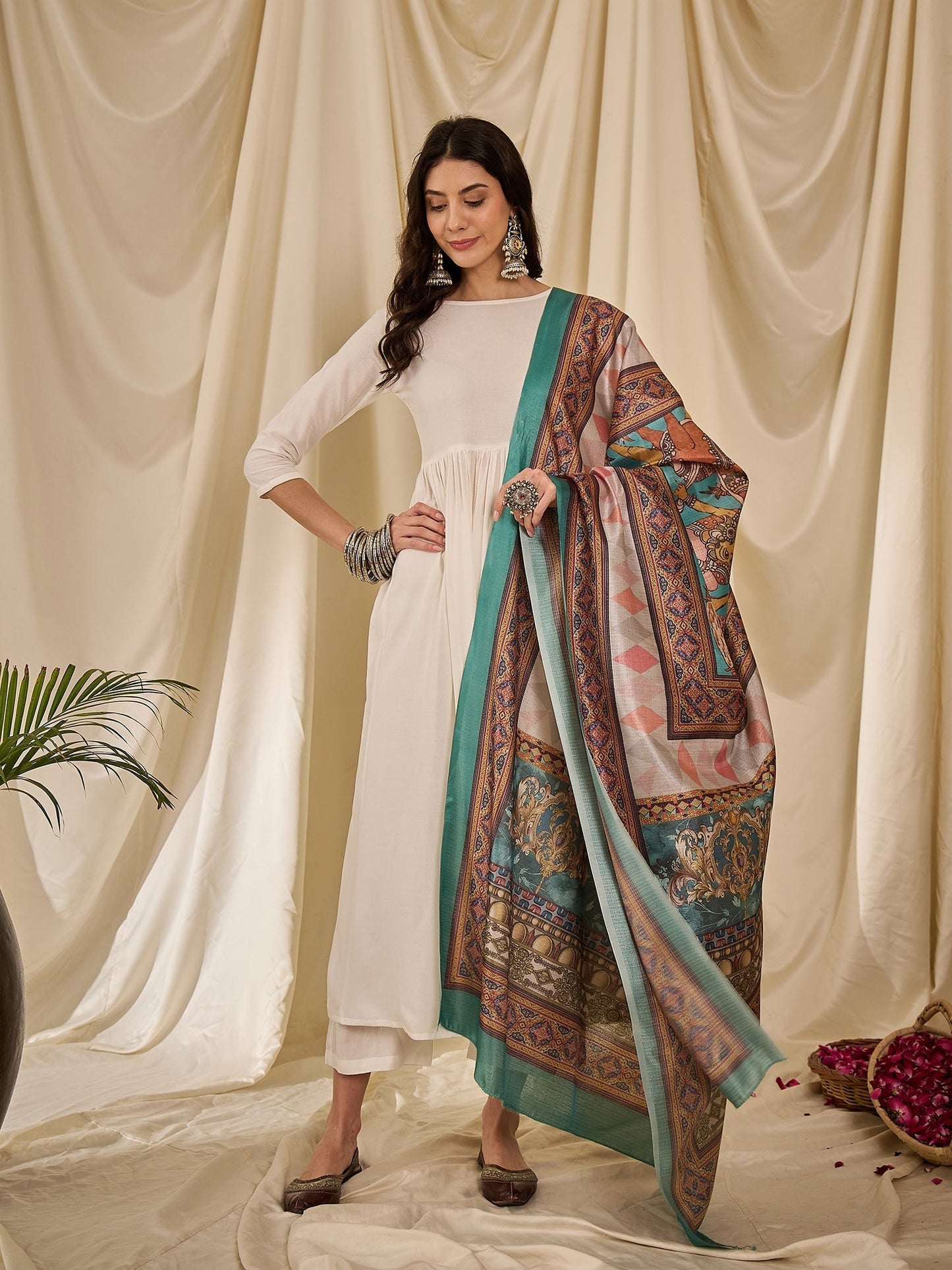 InWeave White Long Anarkali Rama Green Dupatta Set - Swadesiicart