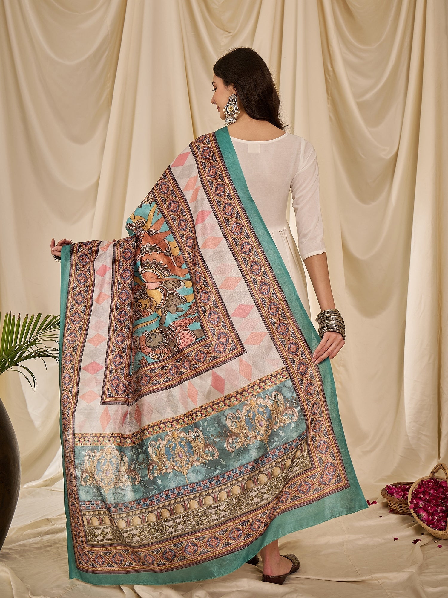 InWeave White Long Anarkali Rama Green Dupatta Set - Swadesiicart