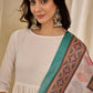 InWeave White Long Anarkali Rama Green Dupatta Set - Swadesiicart
