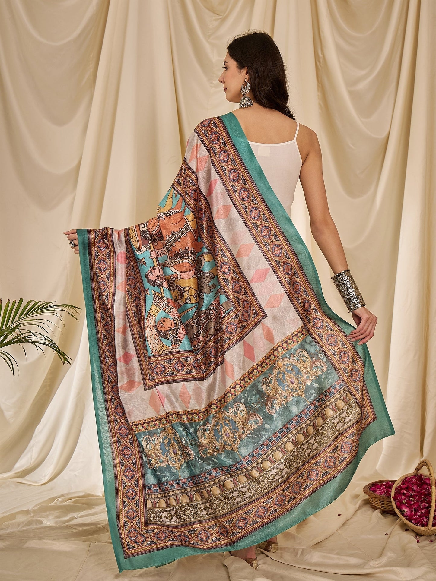 InWeave White Strappy Rama Green Dupatta Set - Swadesiicart