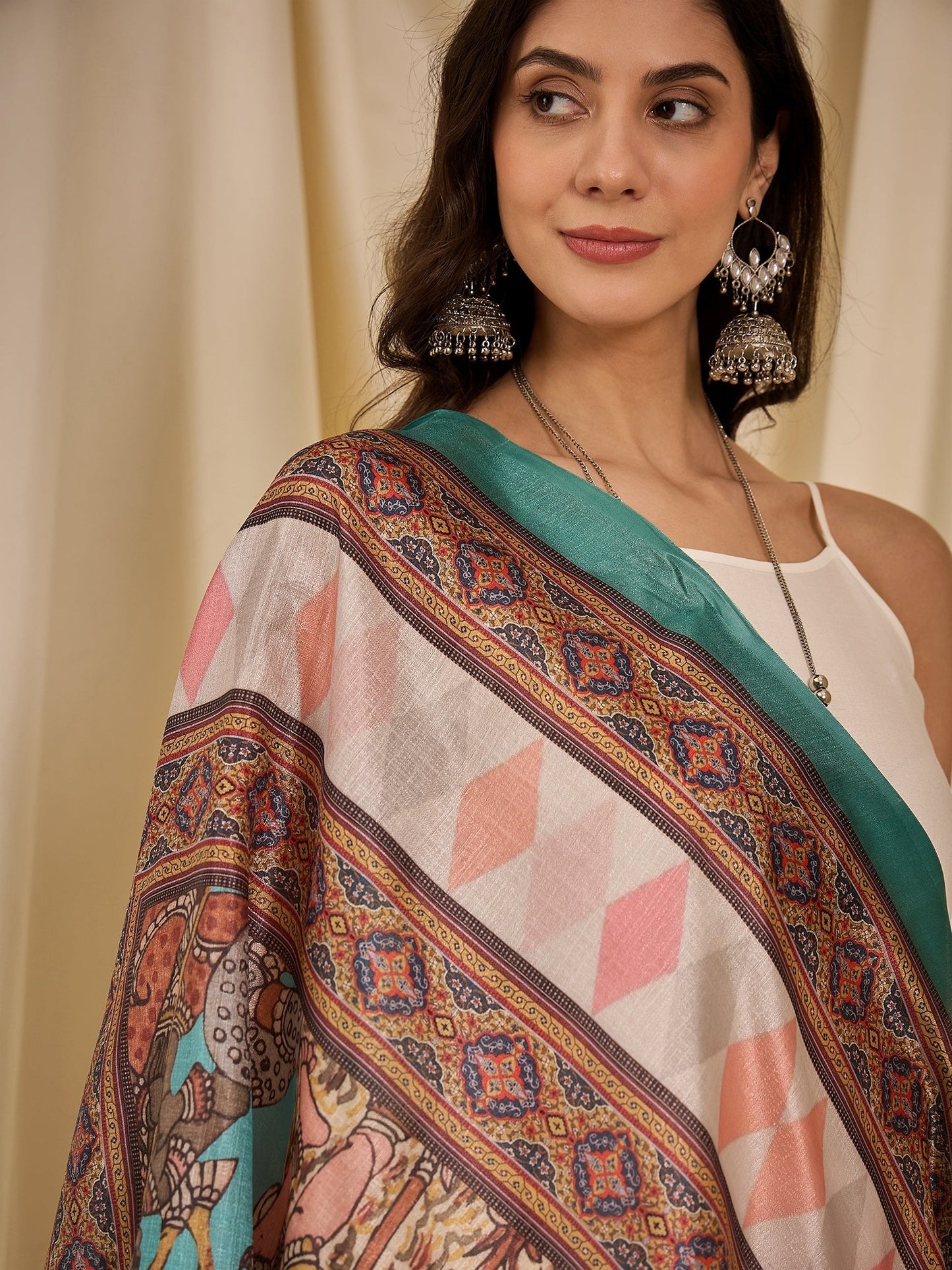 InWeave White Strappy Rama Green Dupatta Set - Swadesiicart