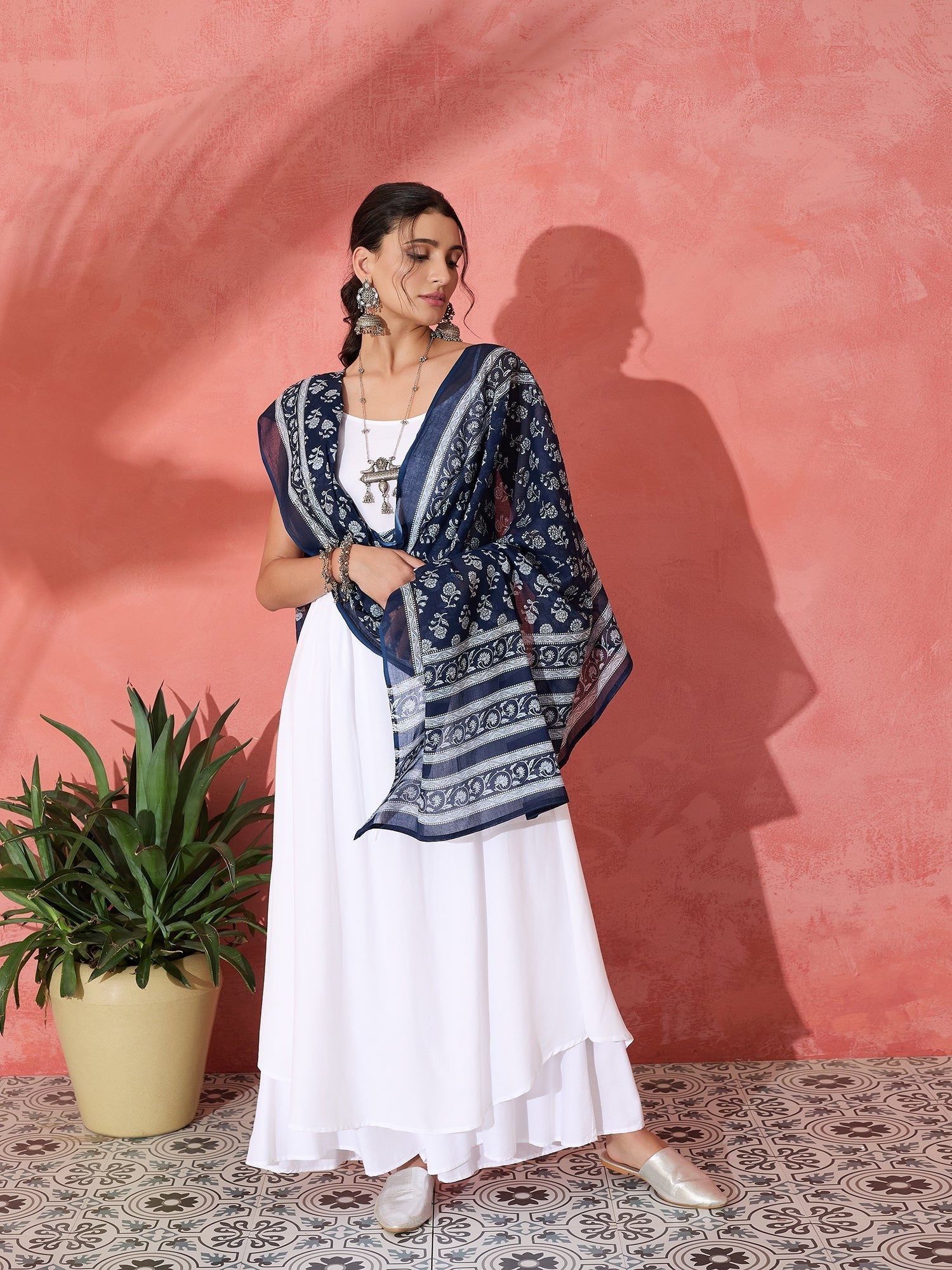 InWeave White Strappy Kurta Palazzo Set With Blue Floral Dupatta - Swadesiicart
