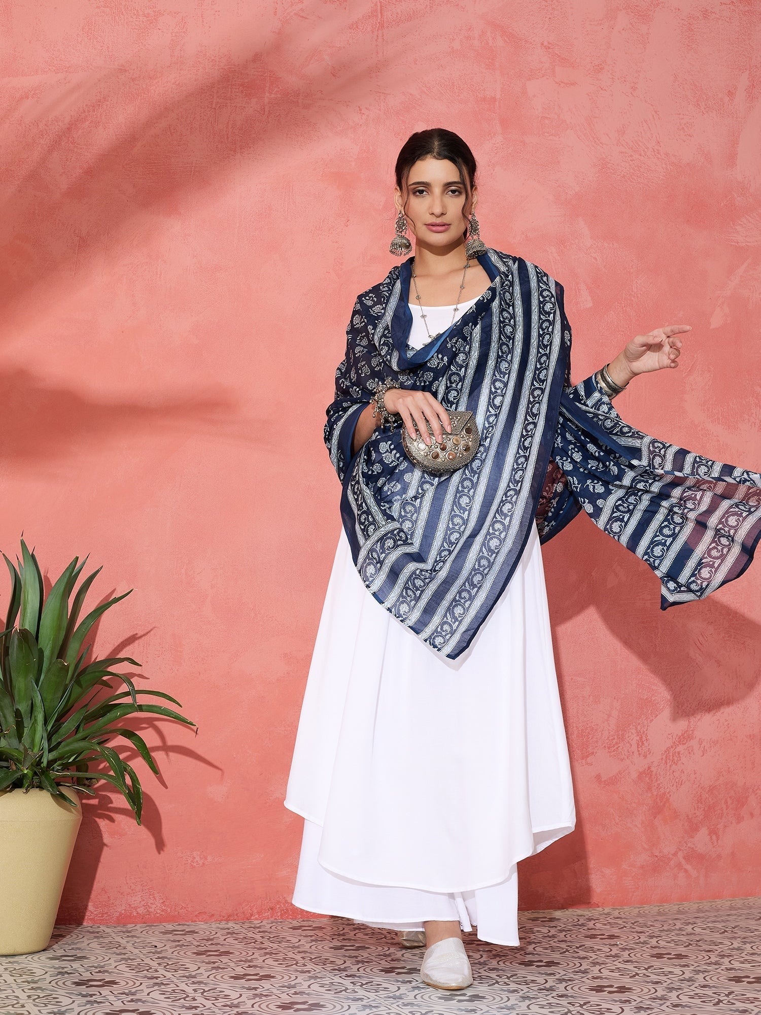 InWeave White Strappy Kurta Palazzo Set With Blue Floral Dupatta - Swadesiicart