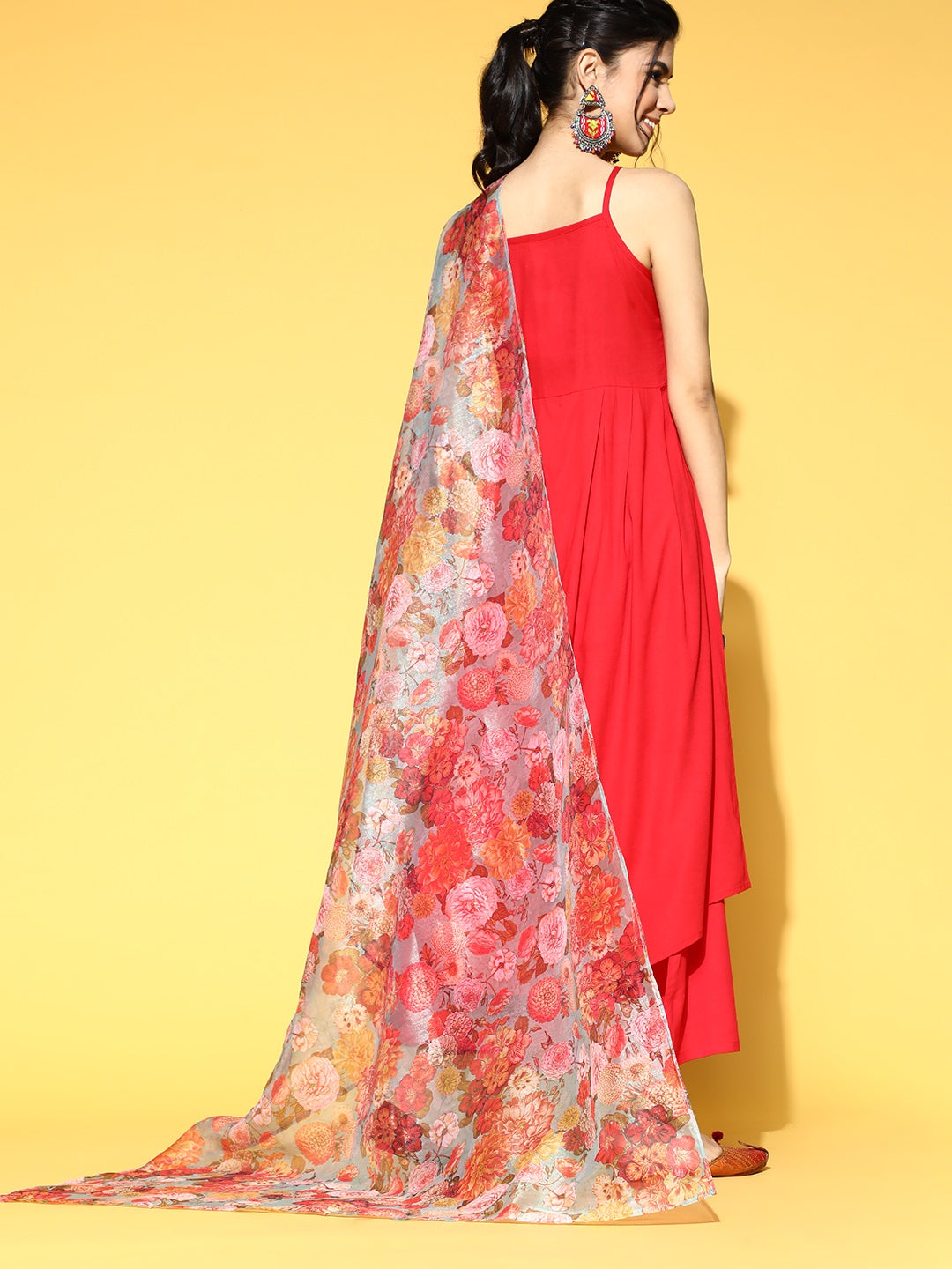 InWeave Strappy Set In Red With Organza Dupatta - Swadesiicart