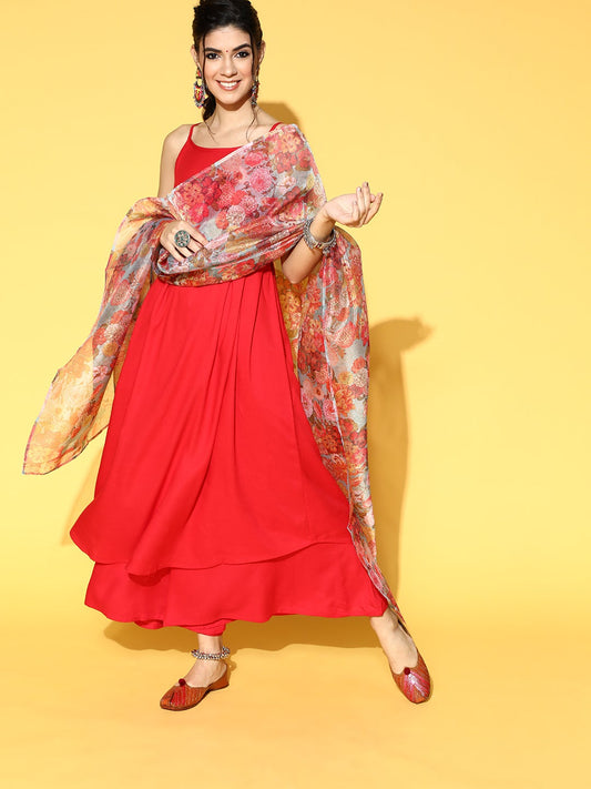 InWeave Strappy Set In Red With Organza Dupatta - Swadesiicart