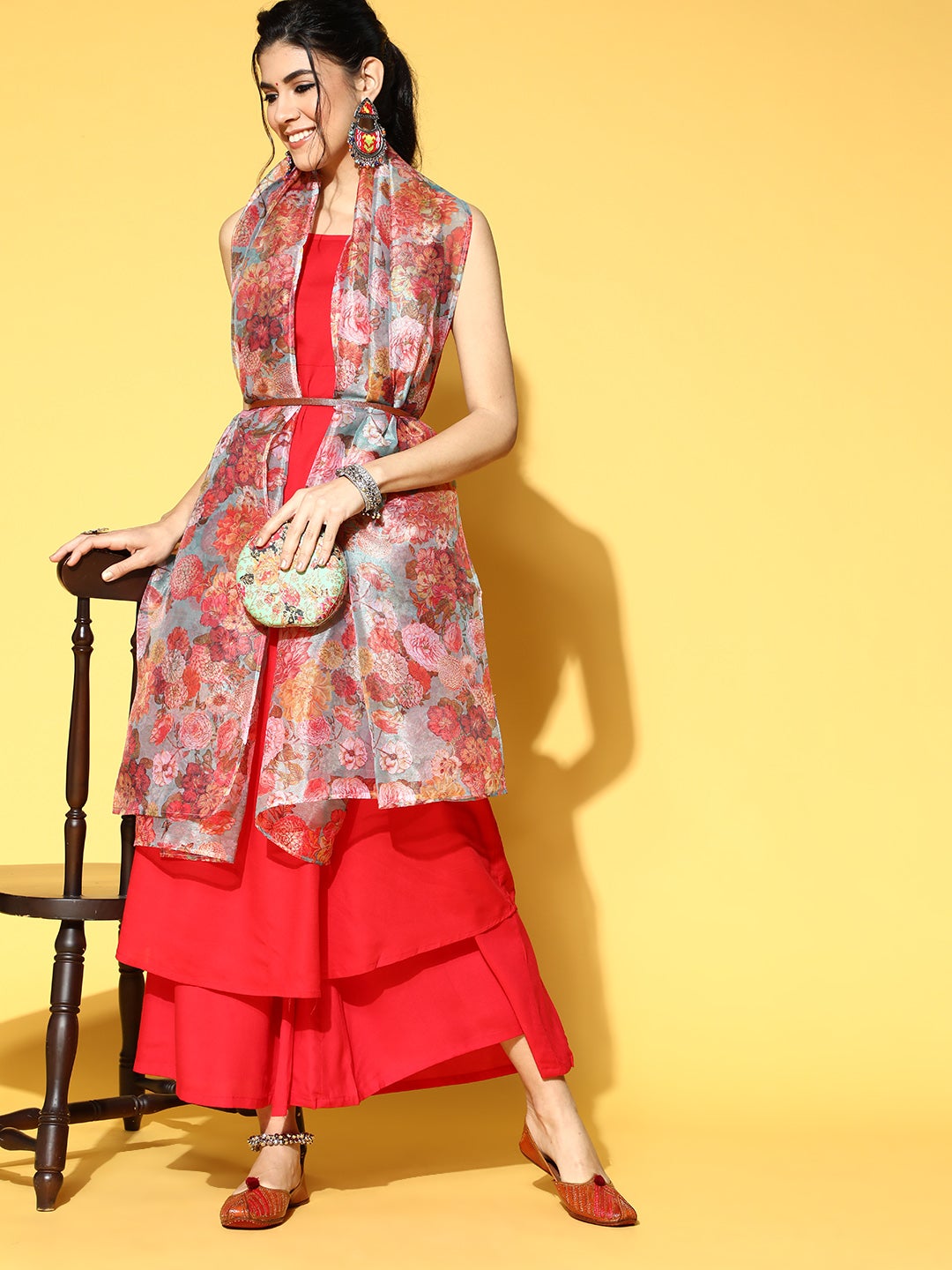 InWeave Strappy Set In Red With Organza Dupatta - Swadesiicart
